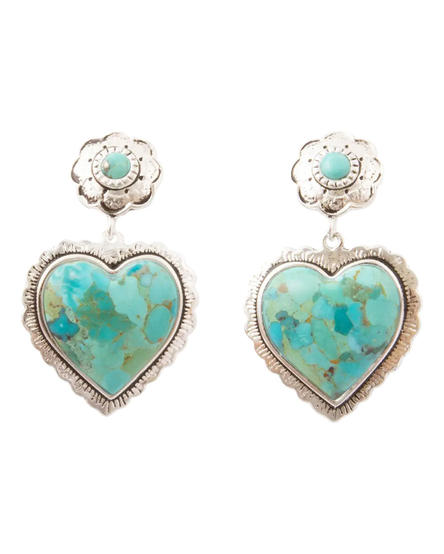 Women's Heart Of The West Blue Turquoise Silver Heart Post Drop Earrings - Brone23T01P