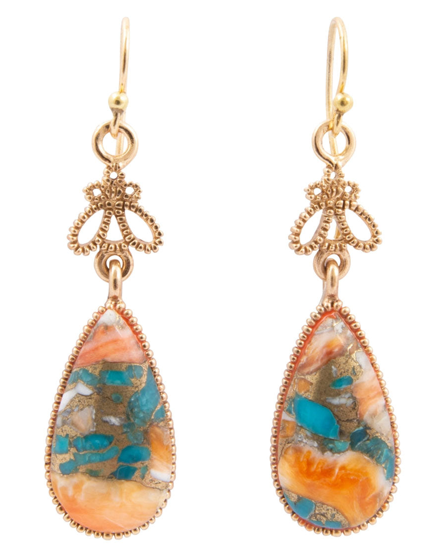 Women's Roped Blue Turquoise Orange Shell Golden Drop Earrings - Solee03Tsmb