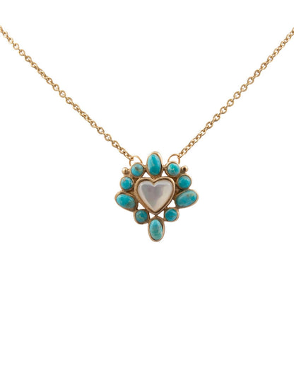 Women's Hearts Surround Blue Turquoise And Mother Of Pearl Golden Pendant Necklace - Mojan30Mtb