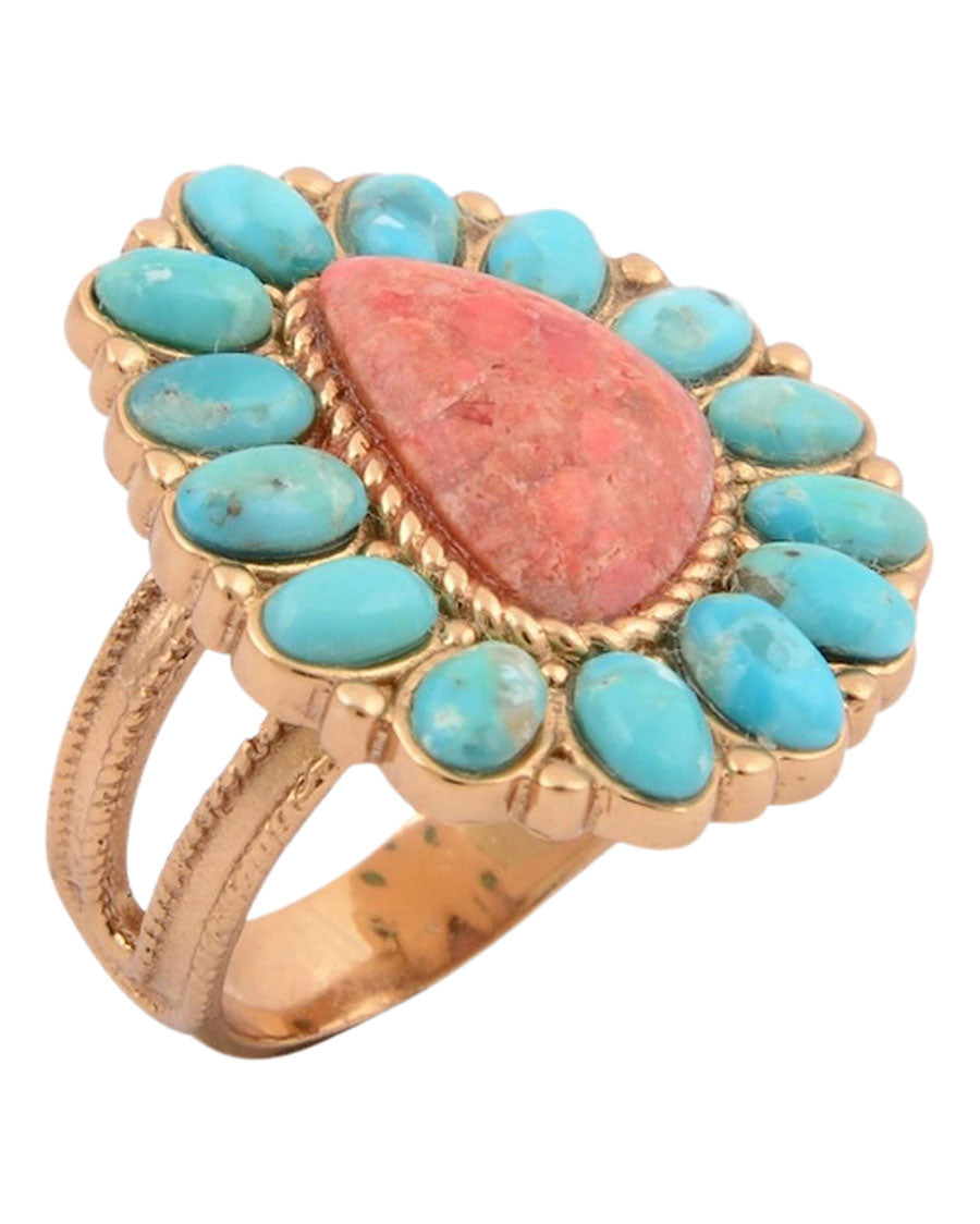 Women's Blue Turquoise Starburst Orange Coral Golden Statement Ring - Sttnr01Tsc