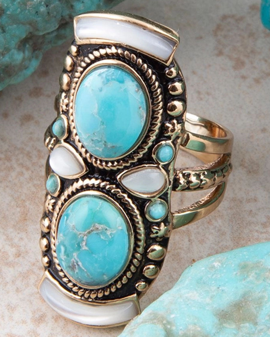 Women's Double Up Turquoise And Mother Of Pearl Ring - Barcr01Mopt