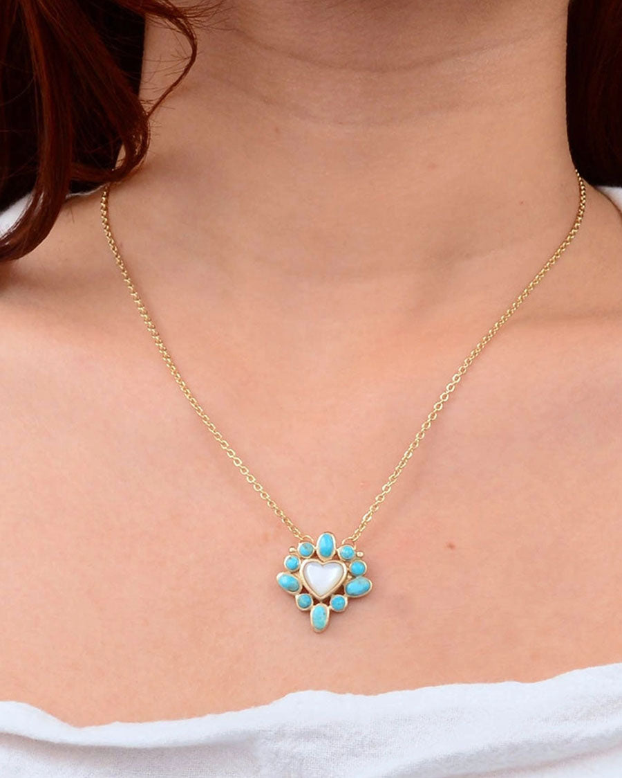 Women's Hearts Surround Blue Turquoise And Mother Of Pearl Golden Pendant Necklace - Mojan30Mtb