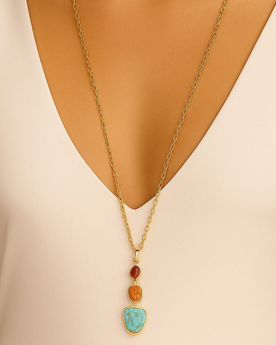 Women's Santa Fe Blue Turquoise Golden Pendant Necklace - Remnn05Cmub