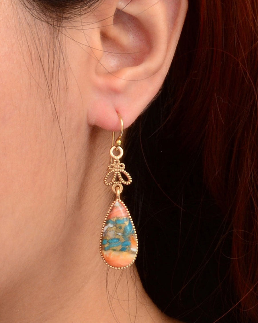 Women's Roped Blue Turquoise Orange Shell Golden Drop Earrings - Solee03Tsmb