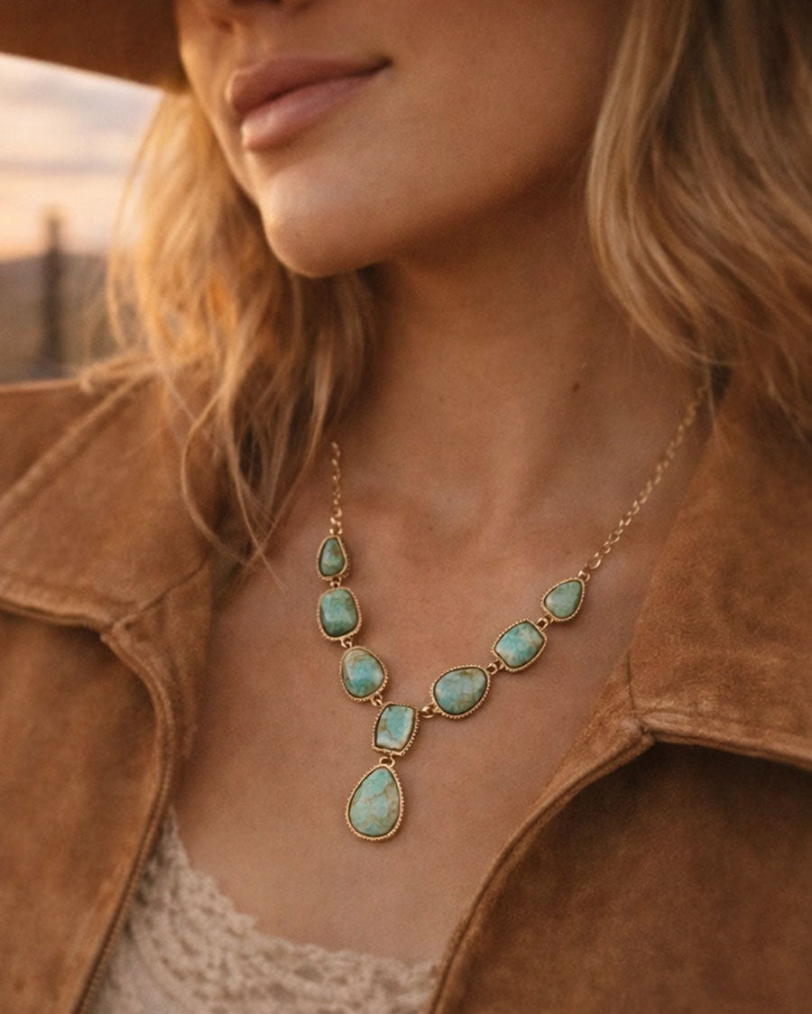 Women's Genuine Blue Turquoise Roped Golden Bronze Y Necklace - Basin32T01B