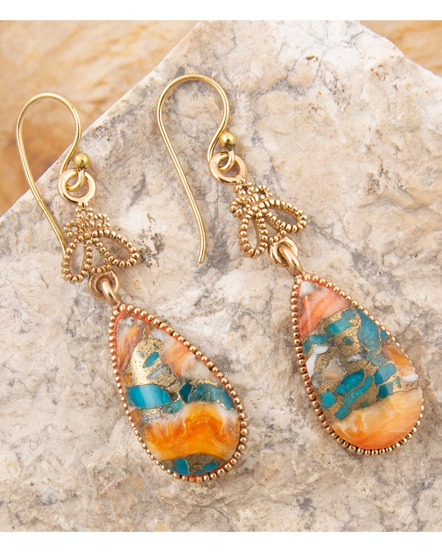 Women's Roped Blue Turquoise Orange Shell Golden Drop Earrings - Solee03Tsmb