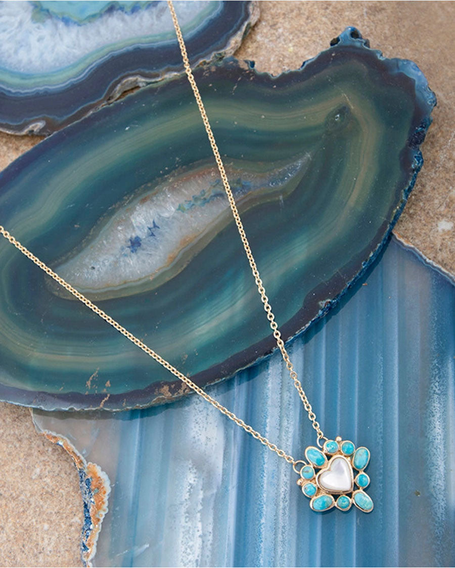 Women's Hearts Surround Blue Turquoise And Mother Of Pearl Golden Pendant Necklace - Mojan30Mtb
