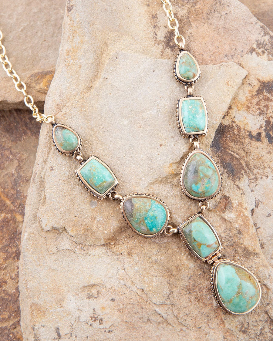 Women's Genuine Blue Turquoise Roped Golden Bronze Y Necklace - Basin32T01B