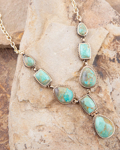 Women's Genuine Blue Turquoise Roped Golden Bronze Y Necklace - Basin32T01B