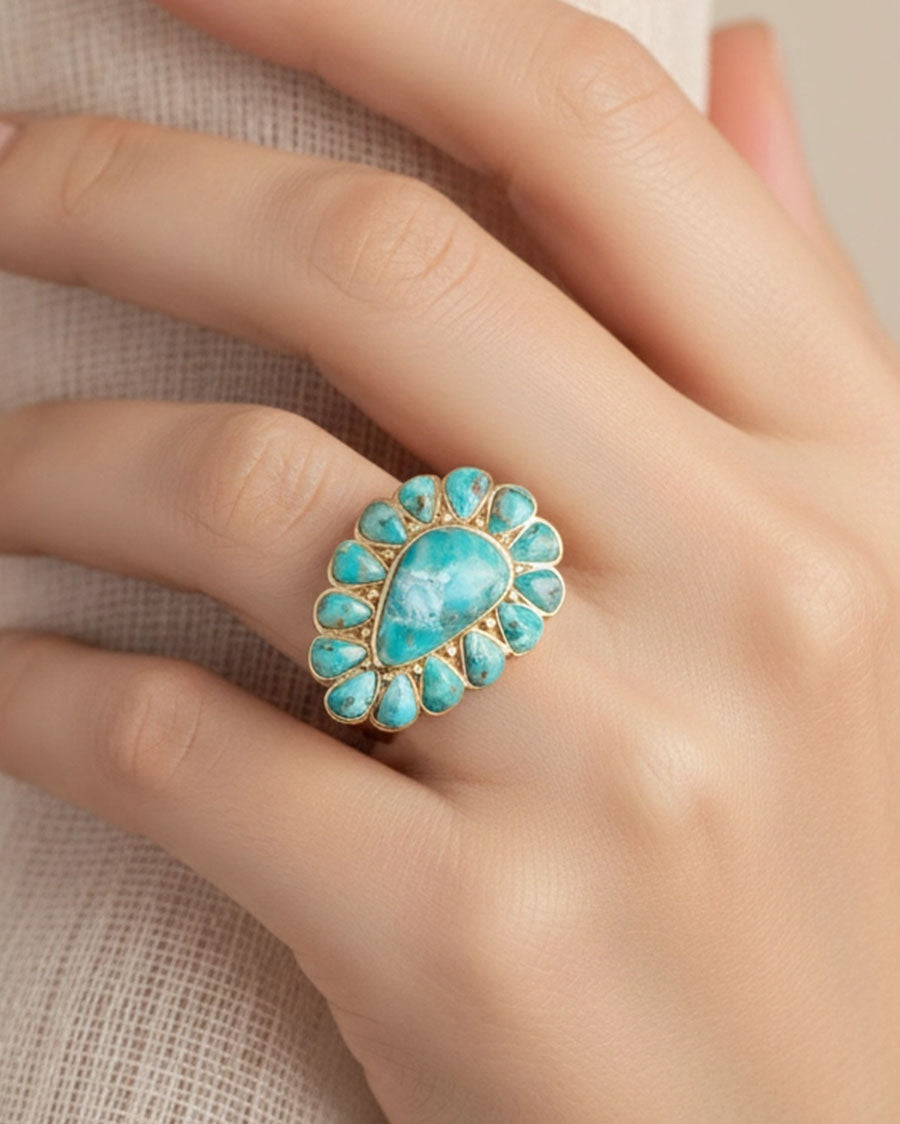Women's Durango Blue Turquoise Golden Statement Ring - Durgr01T01