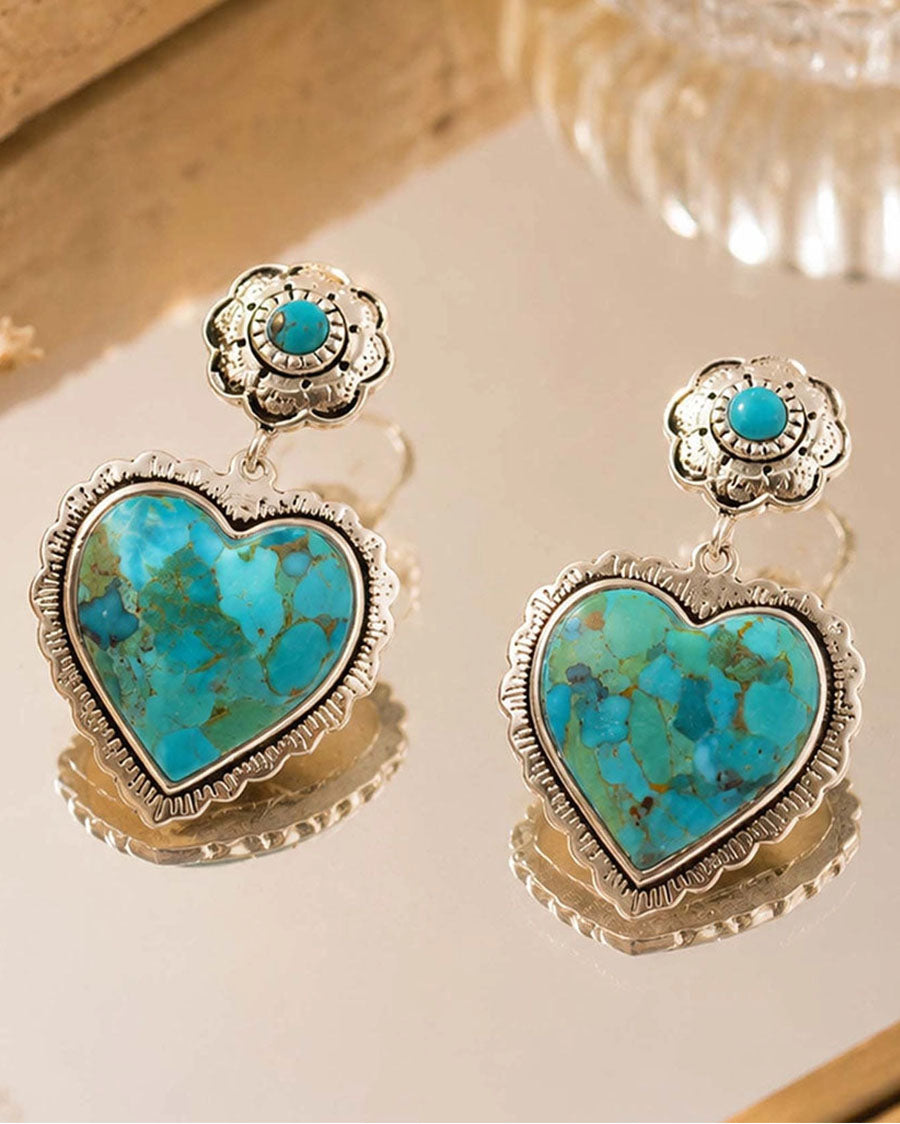 Women's Heart Of The West Blue Turquoise Silver Heart Post Drop Earrings - Brone23T01P