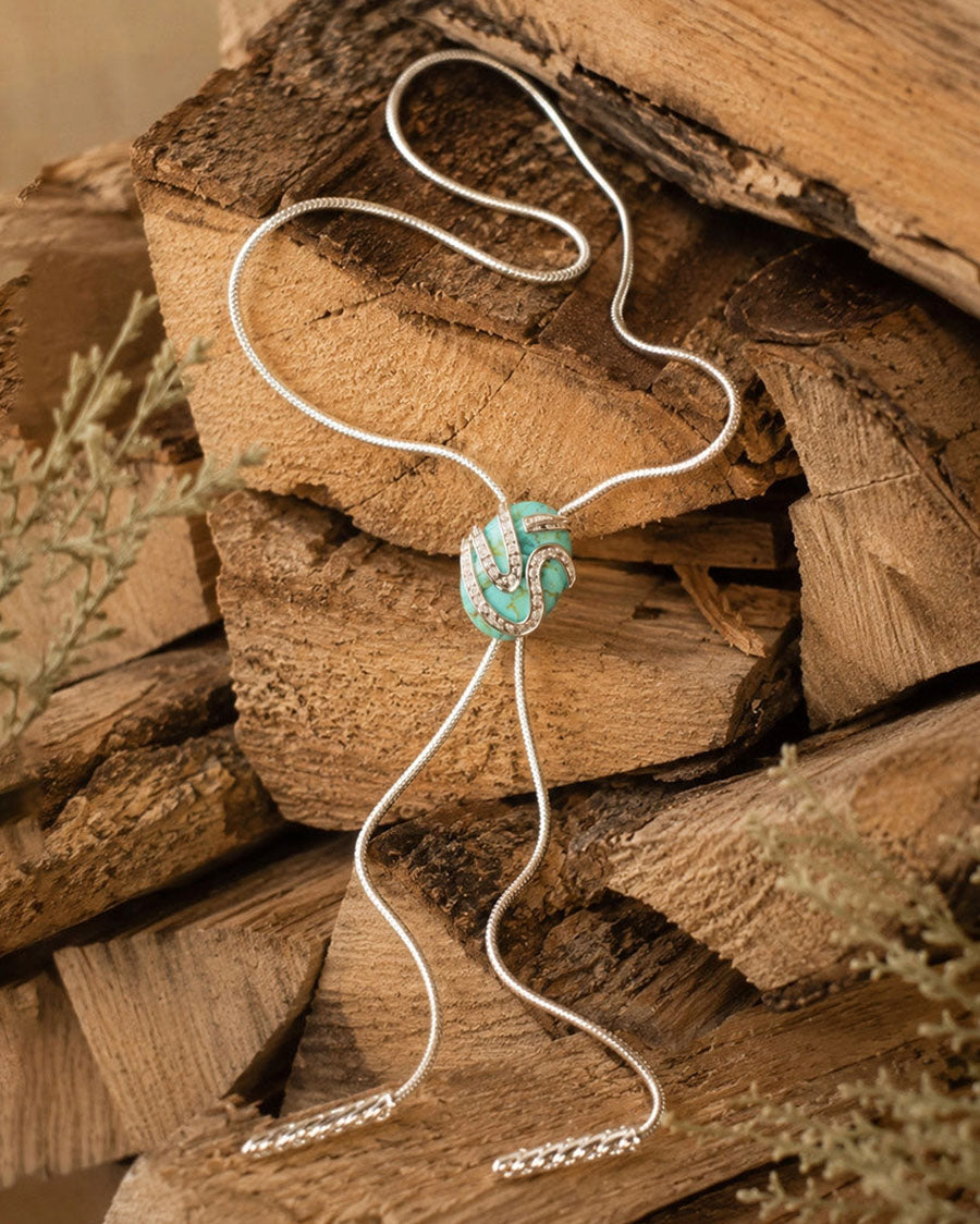 Women's Serpentine Blue Turquoise Silver Chain Bolo Necklace - Serpn02T01P