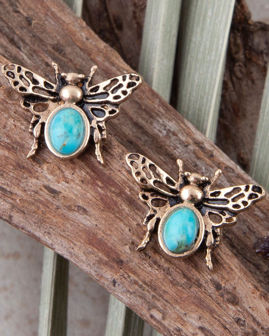 Women's Blue Turquoise Golden Honey Bee Earrings - Hneye02Tyab