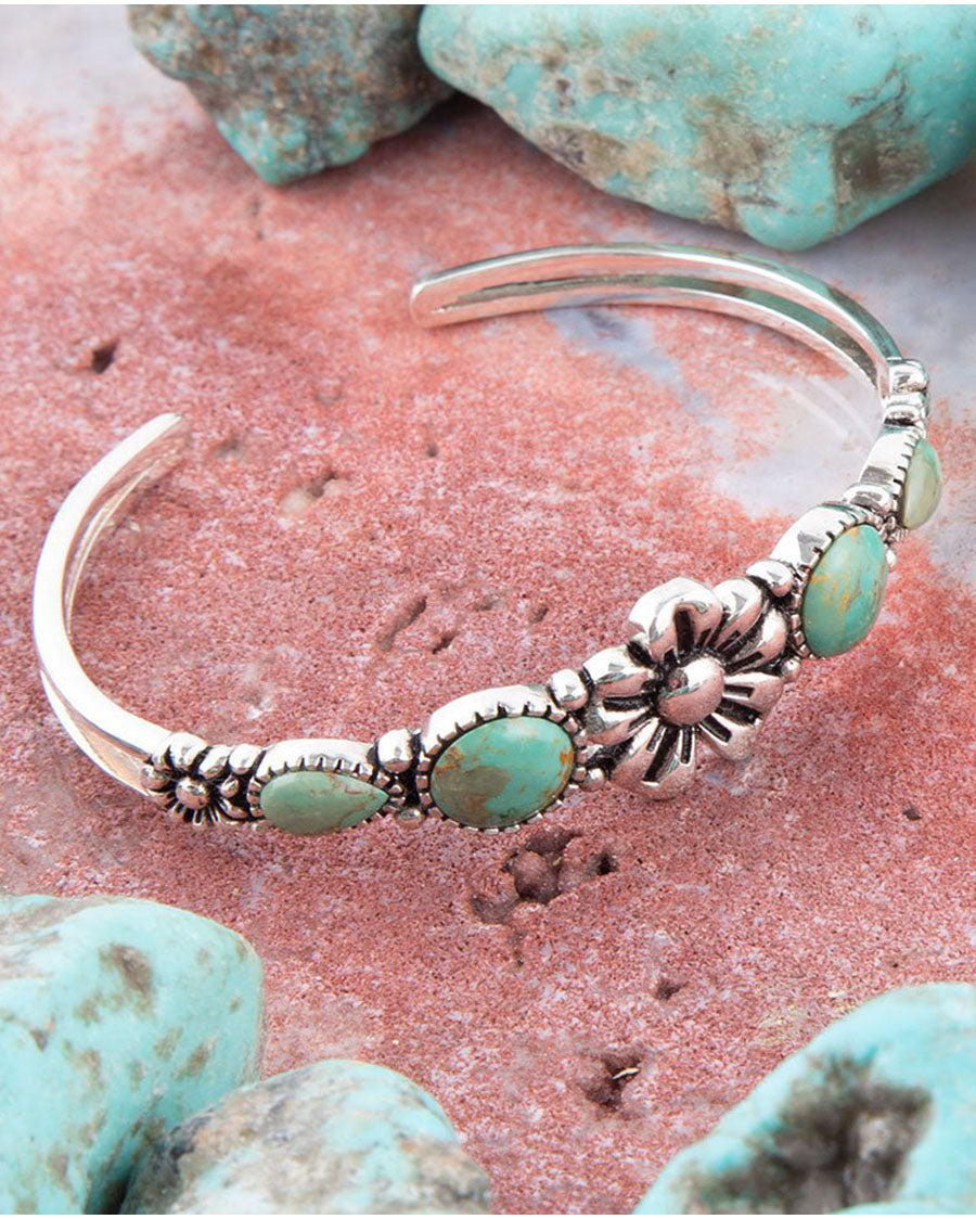 Women's Floral Blue Turquoise And Silver Cuff Bracelet - Squab02T01P