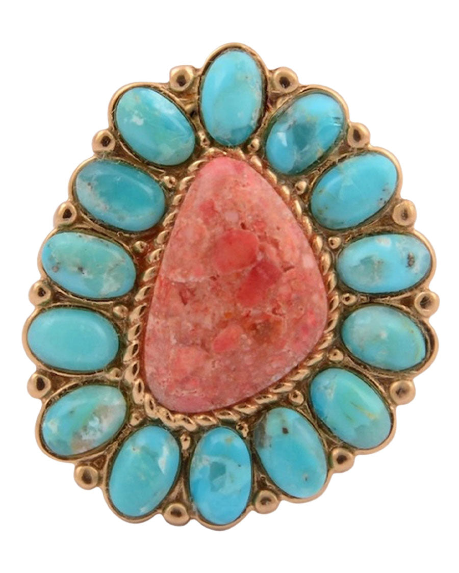 Women's Blue Turquoise Starburst Orange Coral Golden Statement Ring - Sttnr01Tsc
