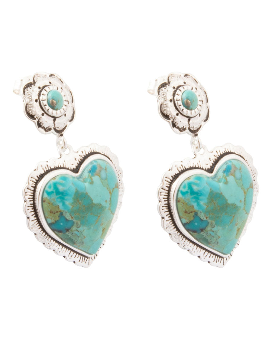 Women's Heart Of The West Blue Turquoise Silver Heart Post Drop Earrings - Brone23T01P