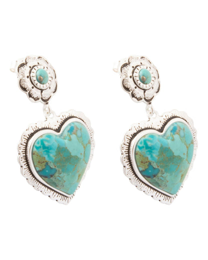 Women's Heart Of The West Blue Turquoise Silver Heart Post Drop Earrings - Brone23T01P