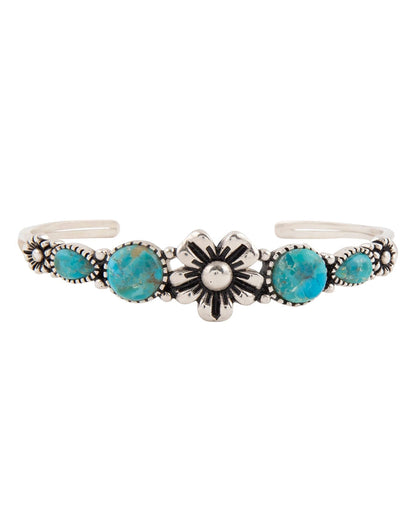 Women's Floral Blue Turquoise And Silver Cuff Bracelet - Squab02T01P by Barse Jewelry from Skip’s Western Outfitters | BSJ-SQUAB02T01P-ONE-SIZE