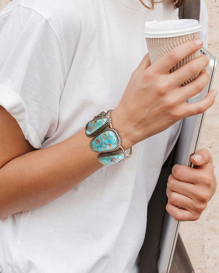 Women's Trio Blue Turquoise Golden Cuff Bracelet - Camib03T01B