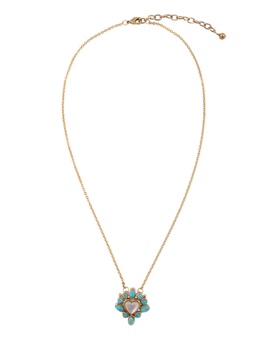 Women's Hearts Surround Blue Turquoise And Mother Of Pearl Golden Pendant Necklace - Mojan30Mtb