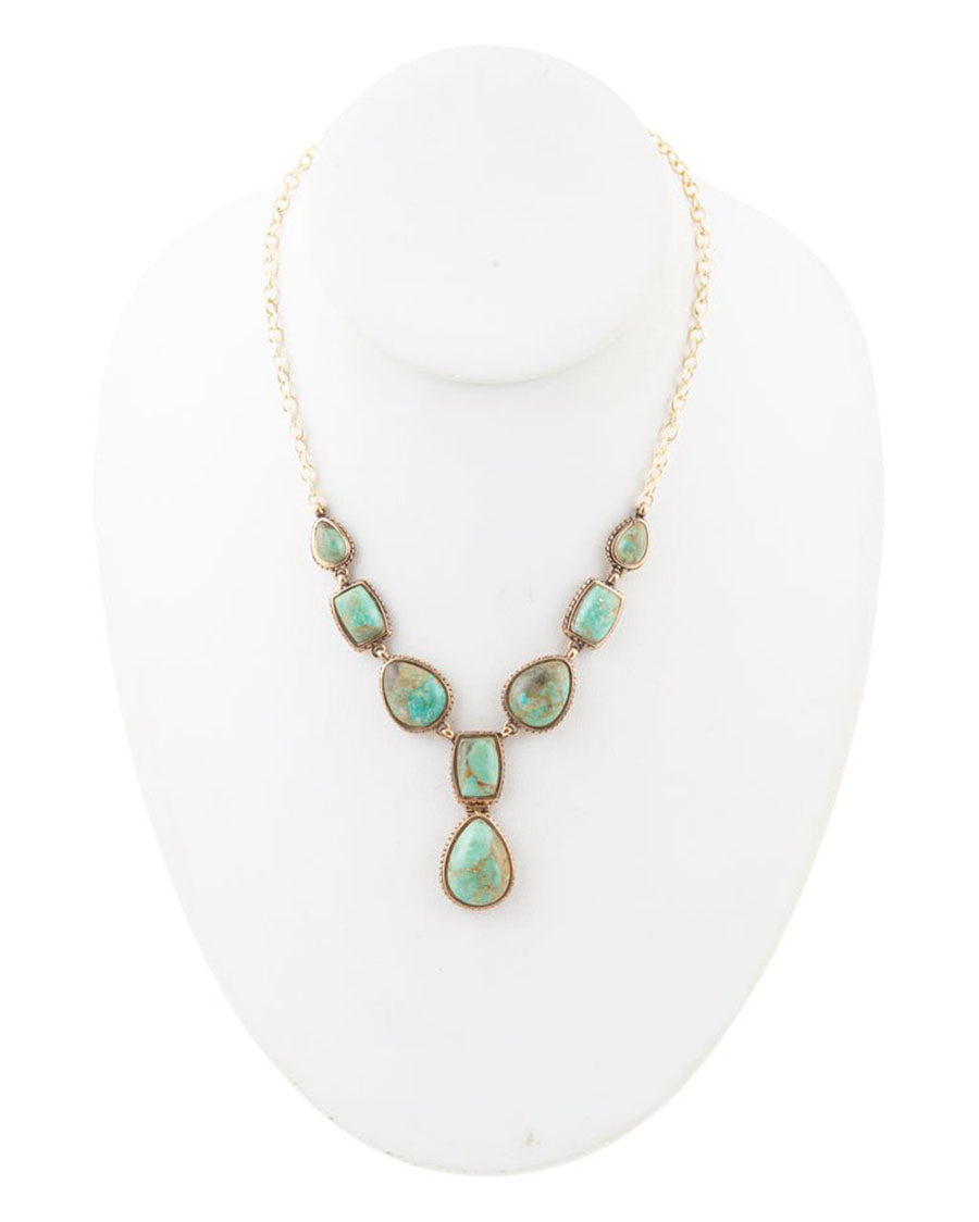 Women's Genuine Blue Turquoise Roped Golden Bronze Y Necklace - Basin32T01B