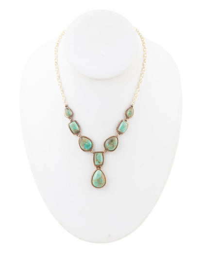 Women's Genuine Blue Turquoise Roped Golden Bronze Y Necklace - Basin32T01B