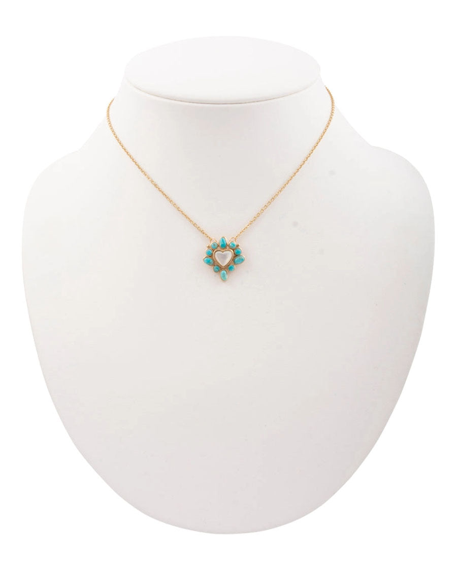 Women's Hearts Surround Blue Turquoise And Mother Of Pearl Golden Pendant Necklace - Mojan30Mtb