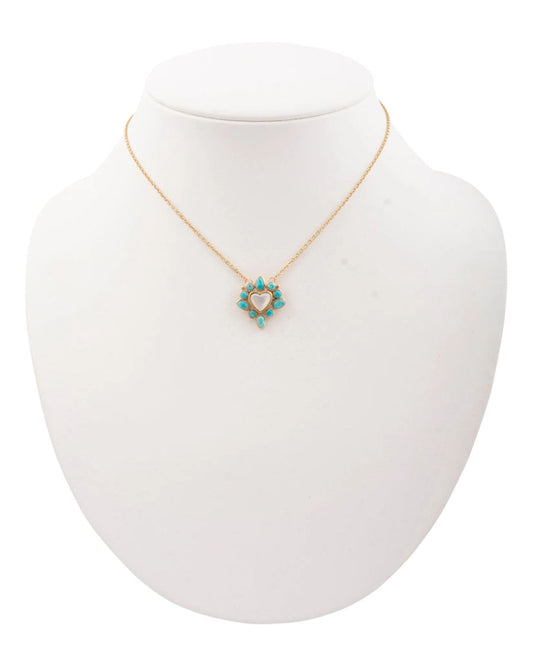 Women's Hearts Surround Blue Turquoise And Mother Of Pearl Golden Pendant Necklace - Mojan30Mtb
