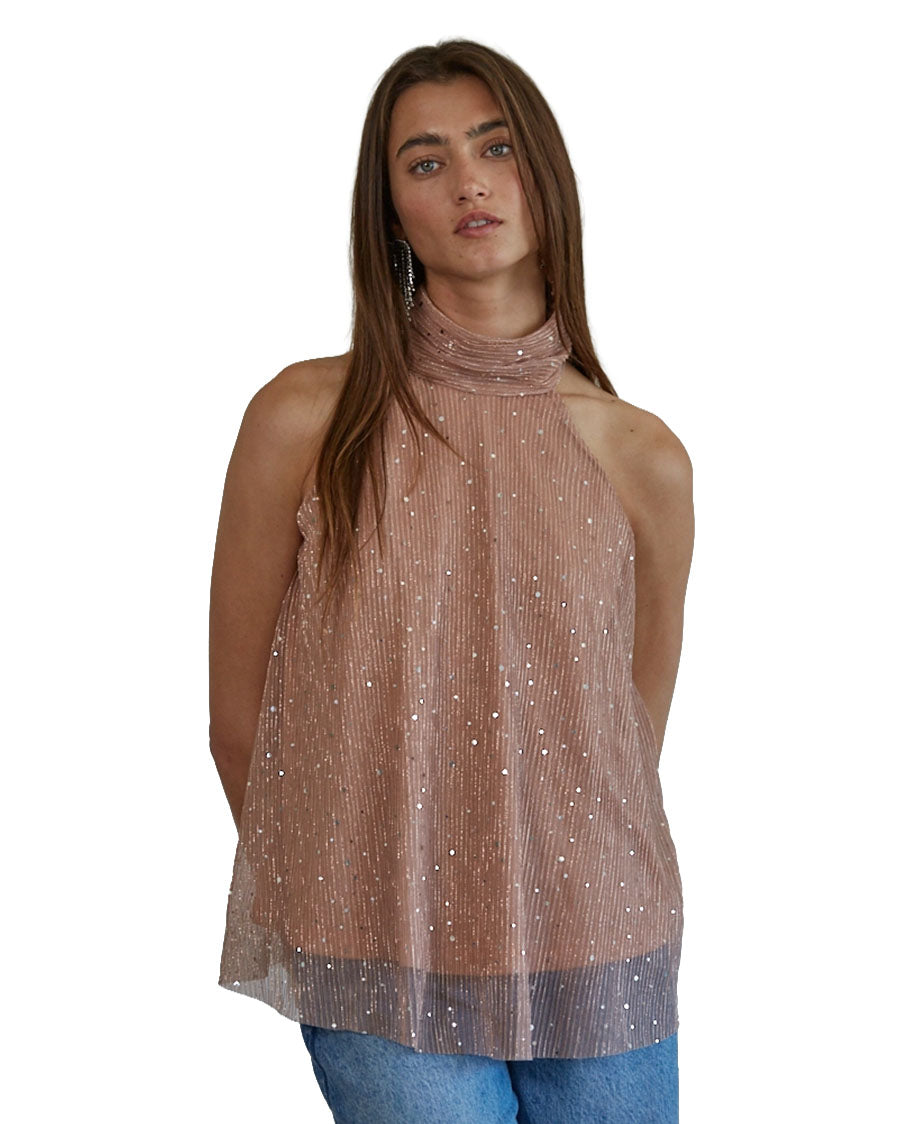 Women's Woven Lurex Halter Neck Sleeveless Top - L7727-Dusty-Rose