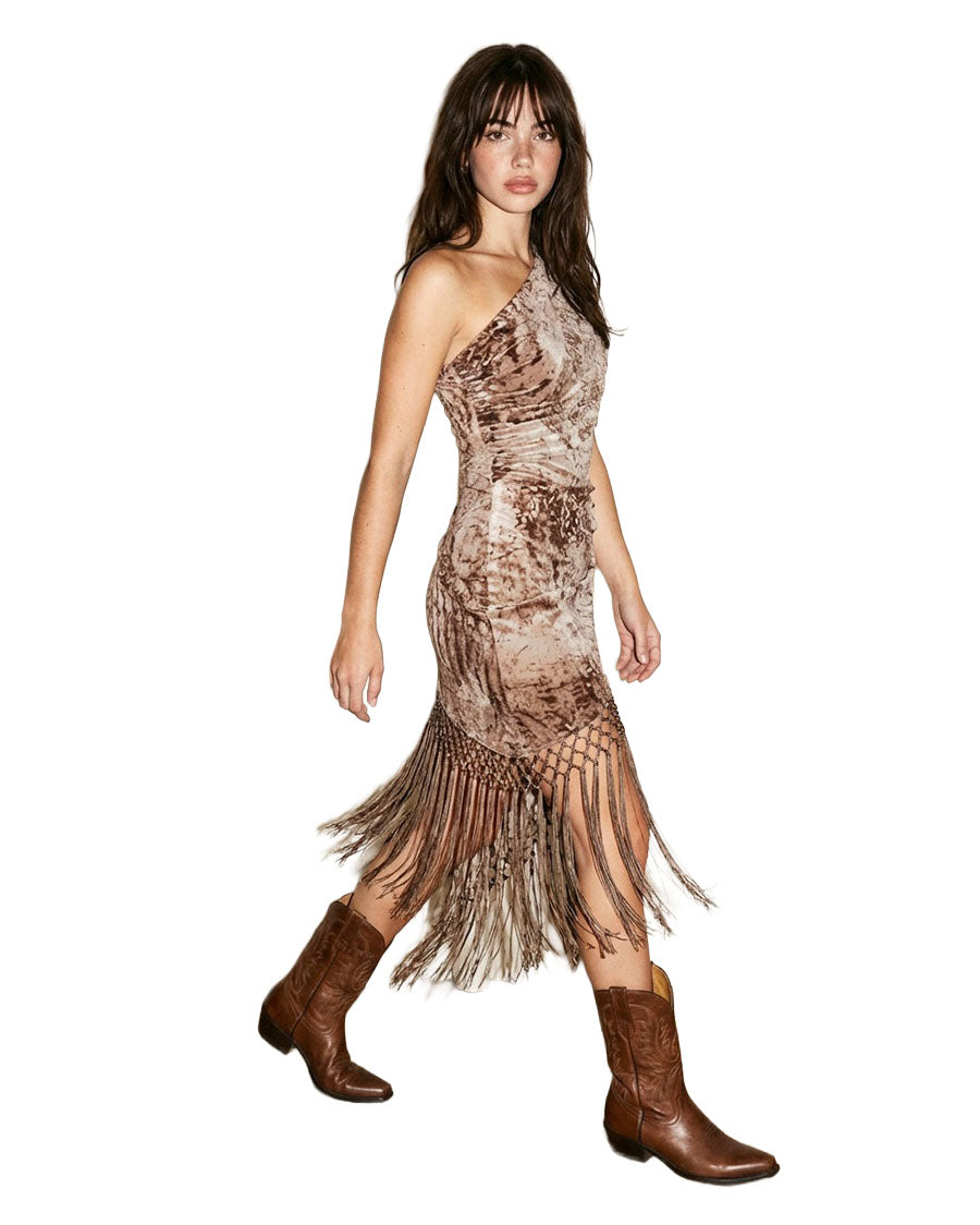 Women's Off Shoulder Aztec Inspired Mesh Print Dress With Fringe - 35112Srl-Brown-Combo