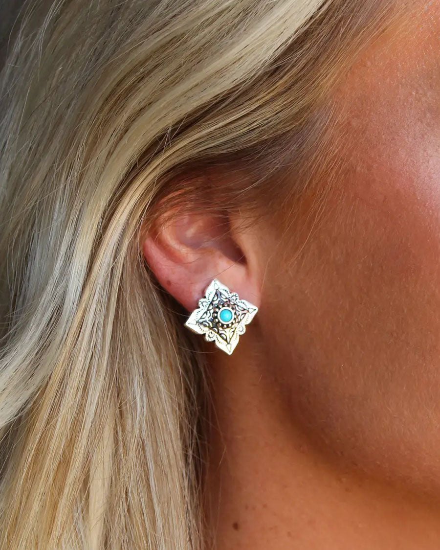 Women's Silver Square Concho Stud Earrings With Turquoise Accent - E1005