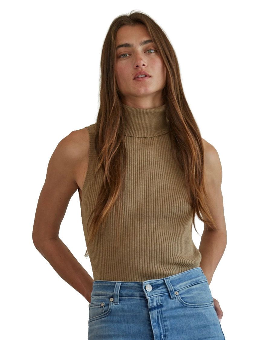 Women's Knit Turtleneck Sleeveless Pullover Top - W1574-Brown
