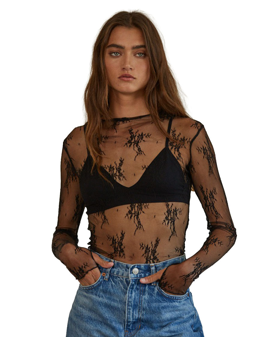 Women's Knit Jacquard Lace Long Sleeve Mock Neck Top - L6687-Black