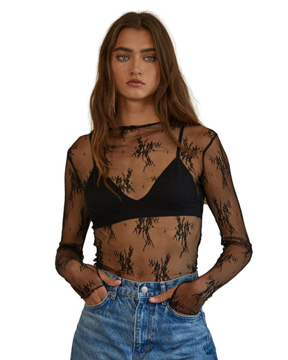 Women's Knit Jacquard Lace Long Sleeve Mock Neck Top - L6687-Black