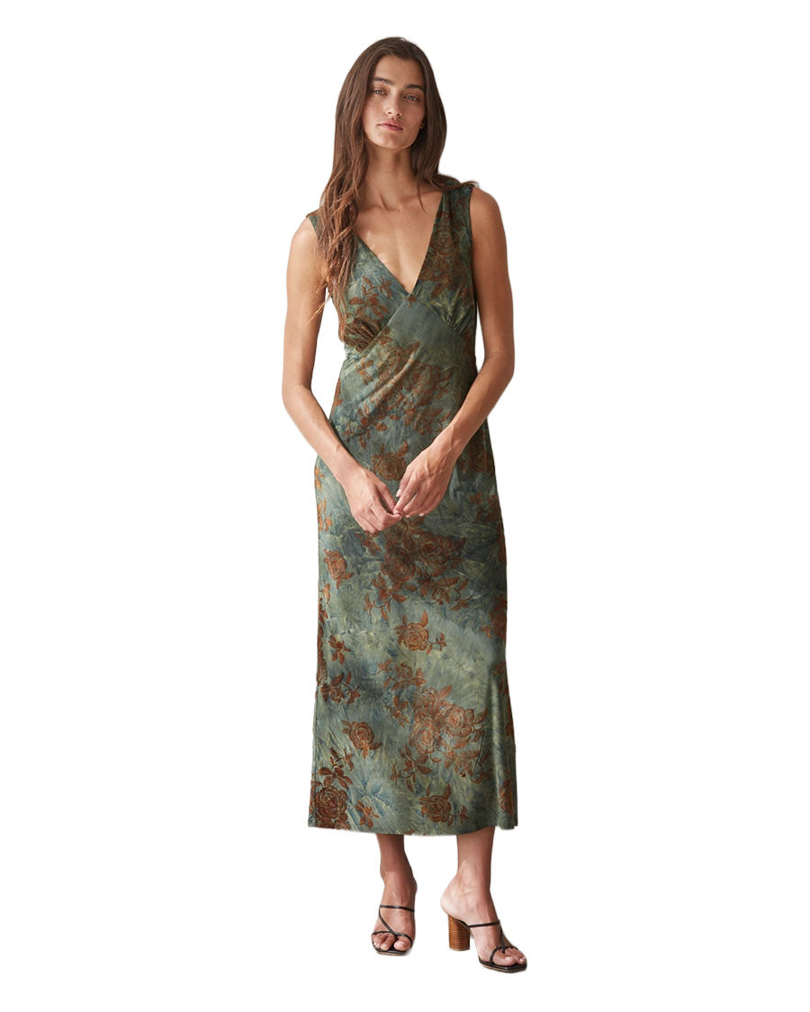Women's Knit Floral Print Plunged V-Neck Sleeveless Midi - L9926-Dark-Green-Brown