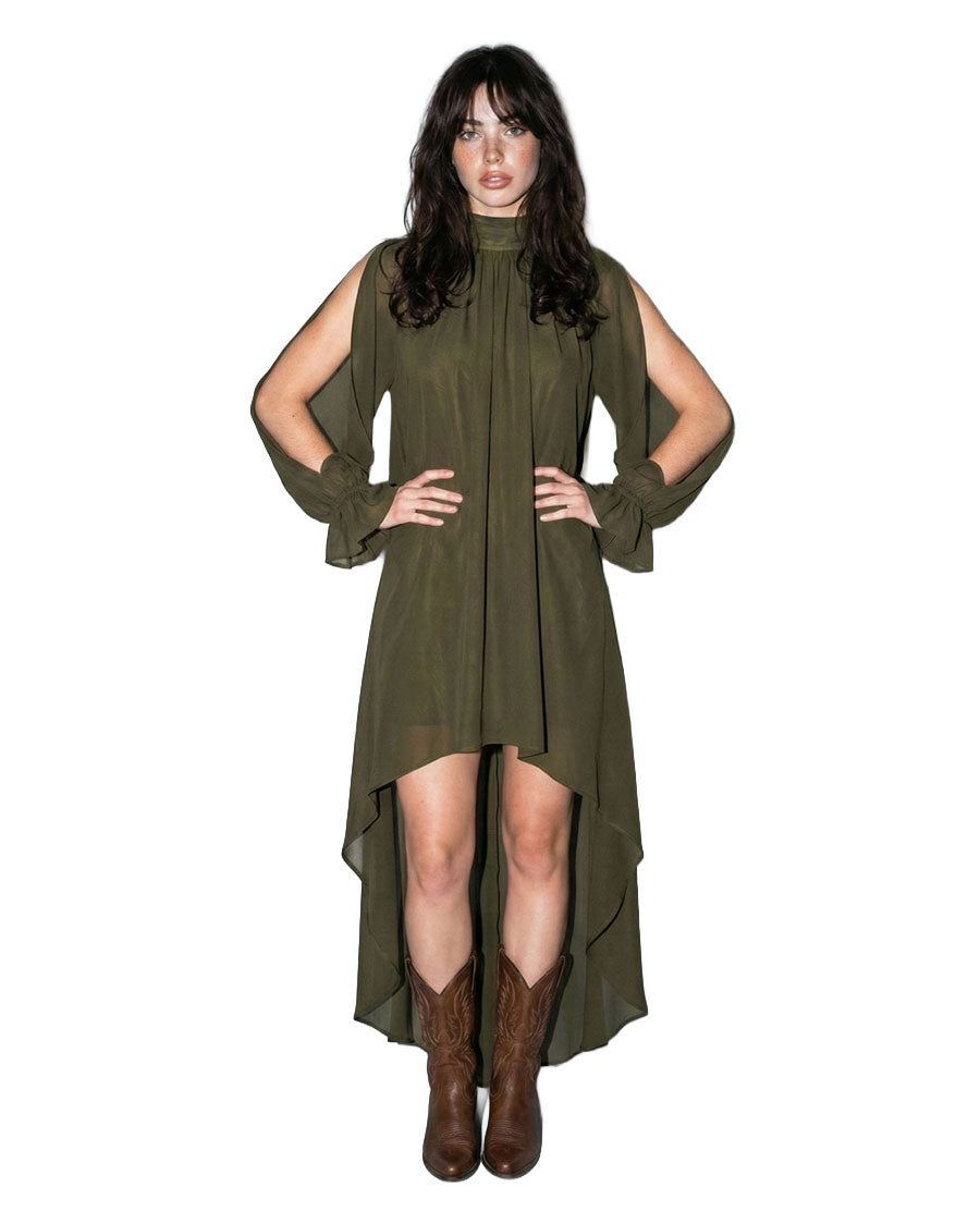 Women's High-Low Halter Mock Neck Maxi Dress - 34095Sr-Olive