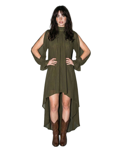 Women's High-Low Halter Mock Neck Maxi Dress - 34095Sr-Olive by Skylar Rose from Skip’s Western Outfitters | SKY-34095SR-OLIVE-S