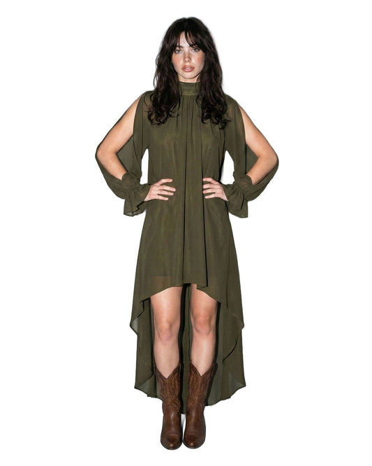 Women's High-Low Halter Mock Neck Maxi Dress - 34095Sr-Olive