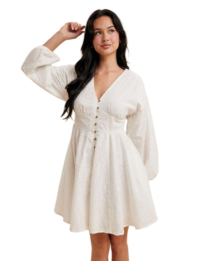 Women's Eyelet Button Down Mini Dress - Ild6685-Off White
