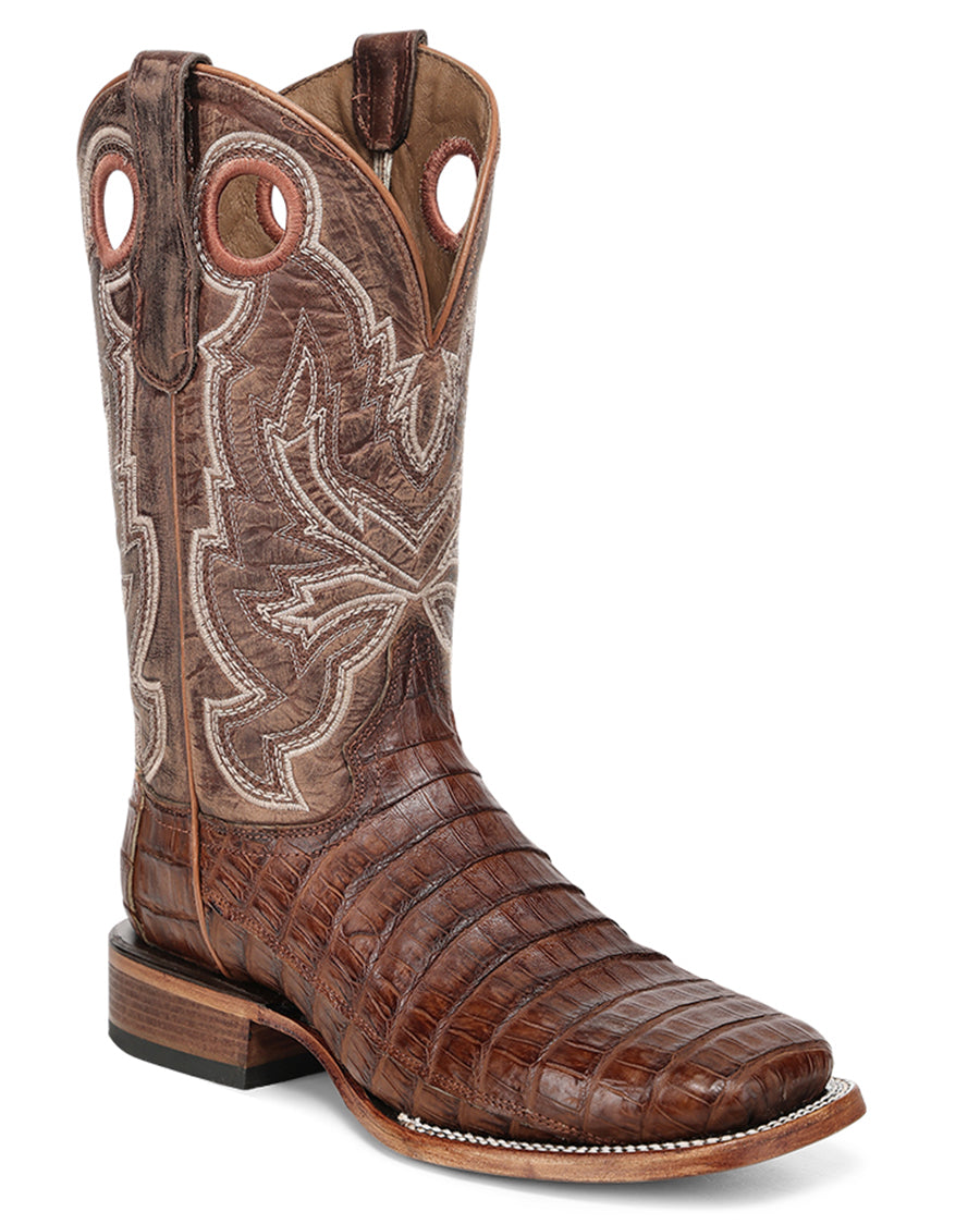 Men's Cognac Caiman Embroidery & Pull Holes Western Boots - L8102