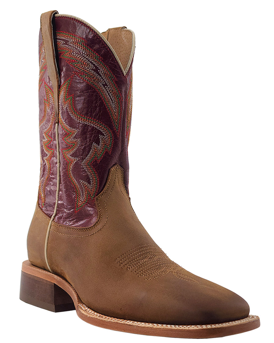 Men's RW Ranch Burgundy Cowhide & Sundial Brown Goat Wide Square Toe Western Boots - Wr0008-2