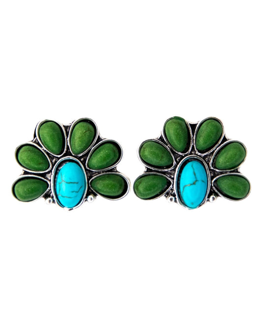 Women's 1" Turquoise And Green Half Flower Earrings - E734Tqgrn