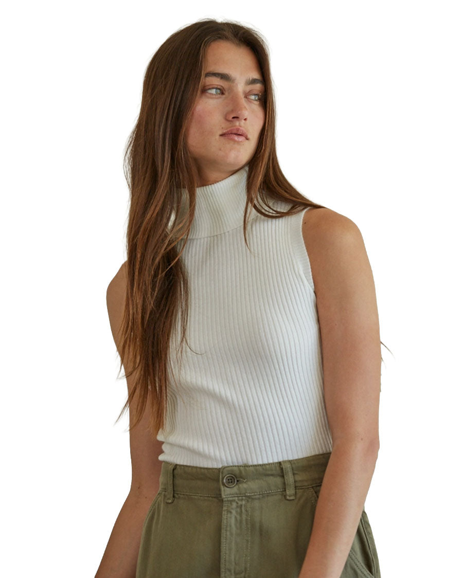 Women's Knit Turtleneck Sleeveless Pullover Top - W1574-Off-White