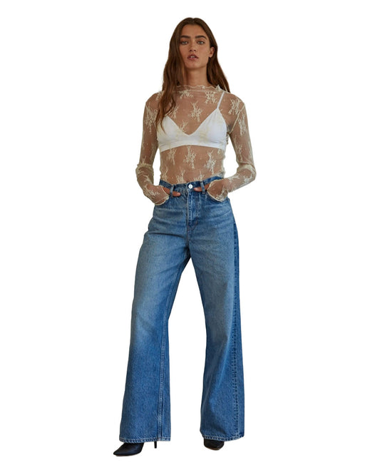 Women's Knit Jacquard Lace Long Sleeve Mock Neck Top - L6687-Ivory