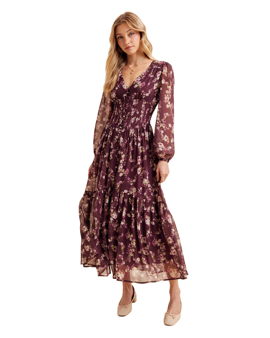 Women's Smocked Floral Maxi Dress - Ild7045-Plum Noir