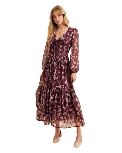Women's Smocked Floral Maxi Dress - Ild7045-Plum Noir by In Loom from Skip’s Western Outfitters | ILO-ILD7045-PLUM-NOIR-S