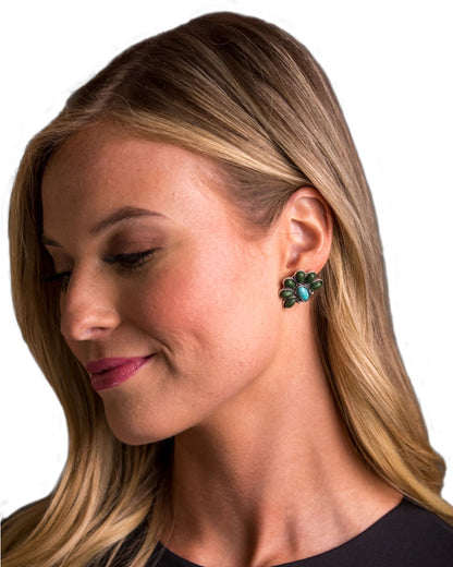 Women's 1" Turquoise And Green Half Flower Earrings - E734Tqgrn