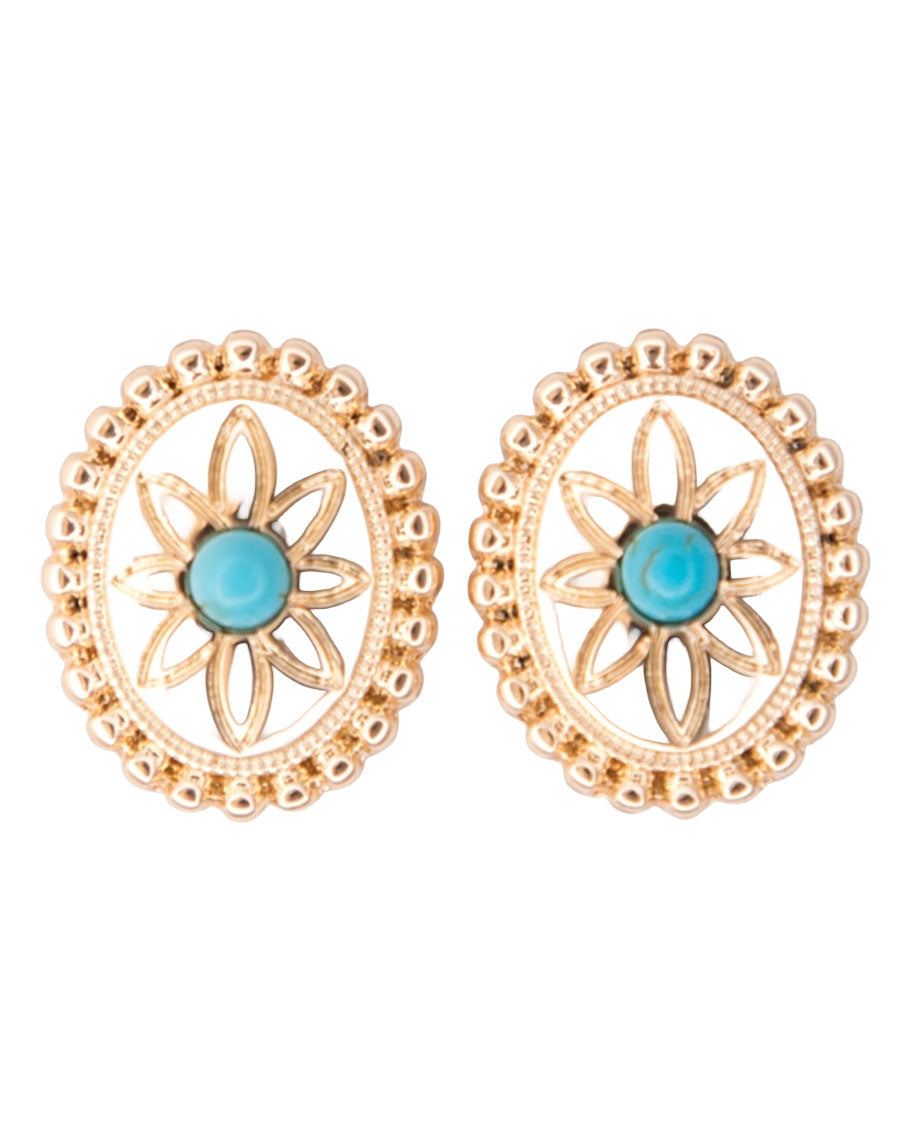 Women's .75" Oval Flower Concho Post Earring With Turquoise Accent - E1412G