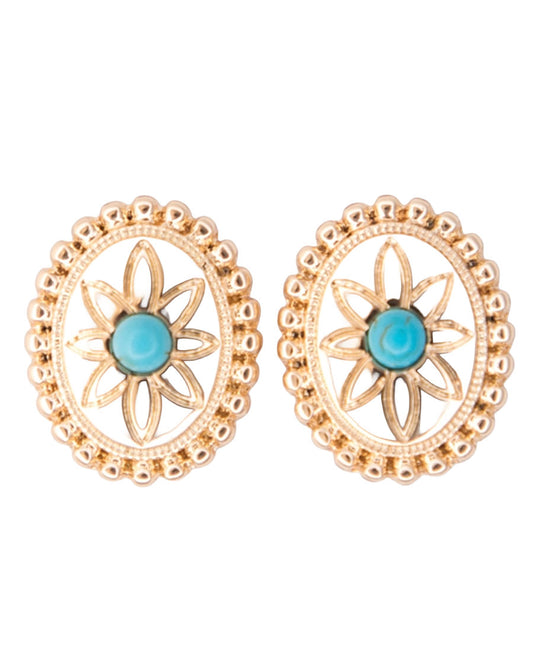Women's .75" Oval Flower Concho Post Earring With Turquoise Accent - E1412G