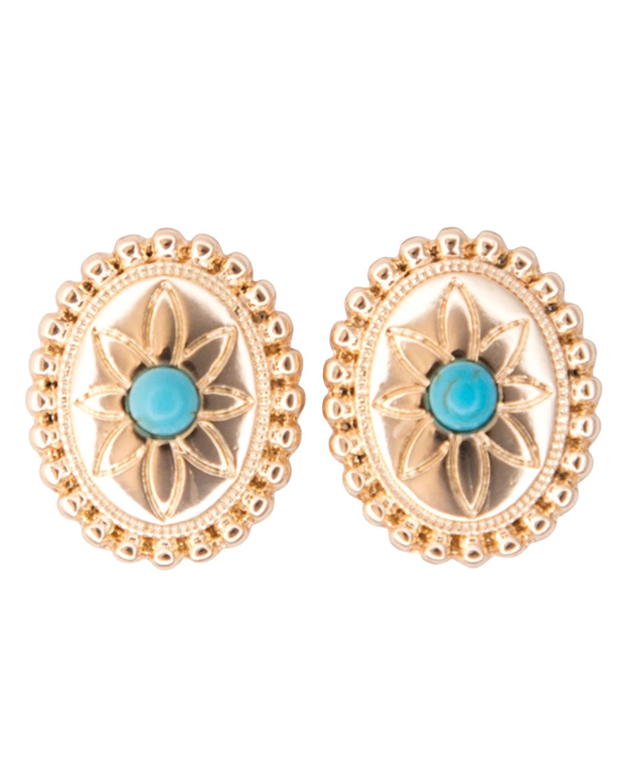 Women's .75" Oval Flower Concho Post Earring With Turquoise Accent - E1412G by West & Co. from Skip’s Western Outfitters | W&C-E1412G-GOLD